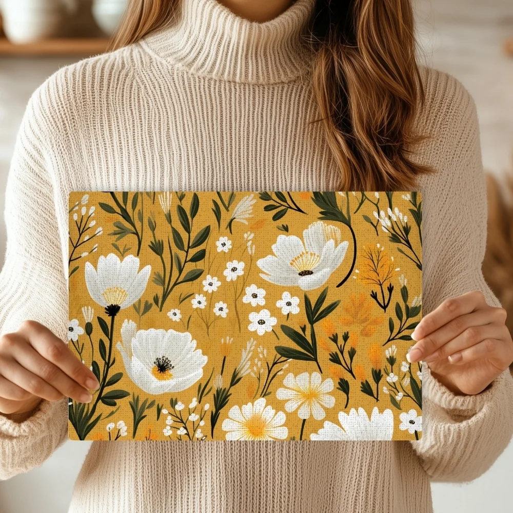 Floral Cutting Board with White and Green Design Yellow Background 11in X 8in